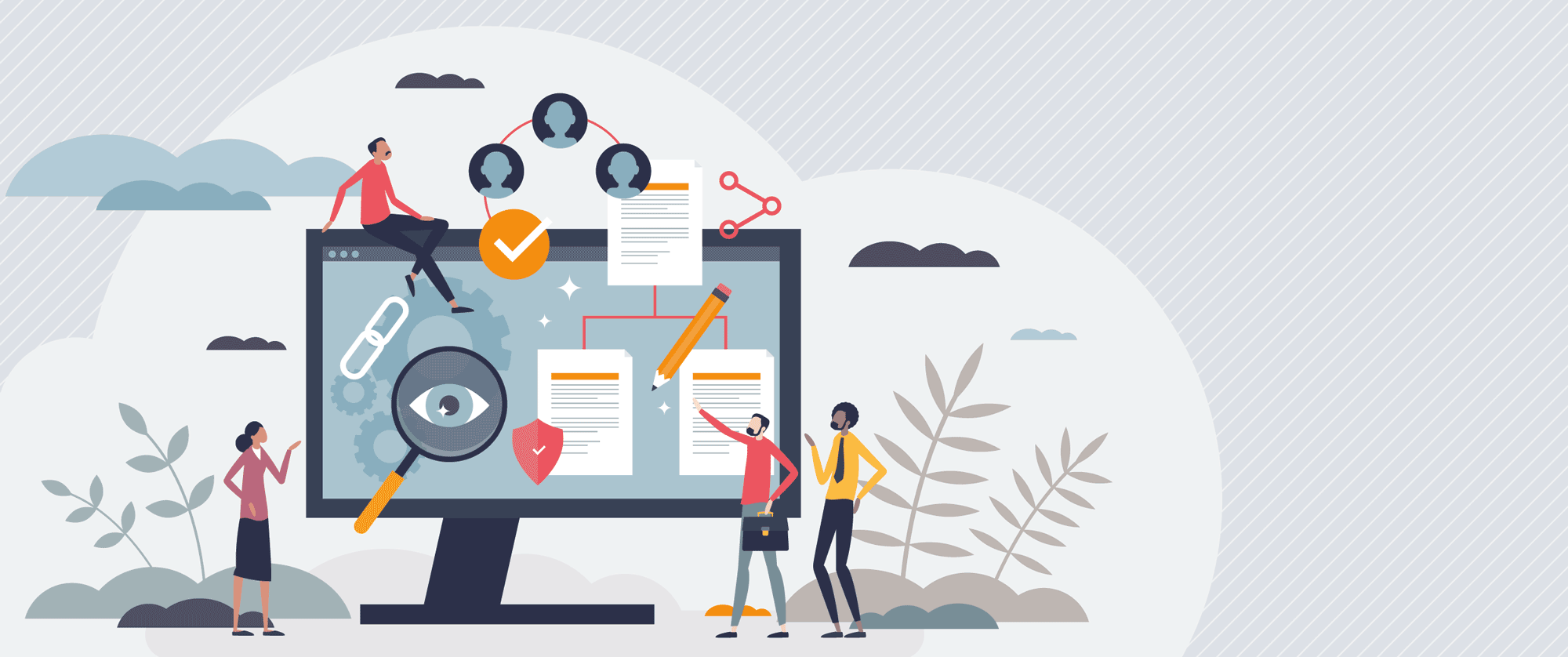 Illustration zeigt Teams bei der digitalen Dokumentenverwaltung an einem großen Monitor mit Netzwerkstruktur