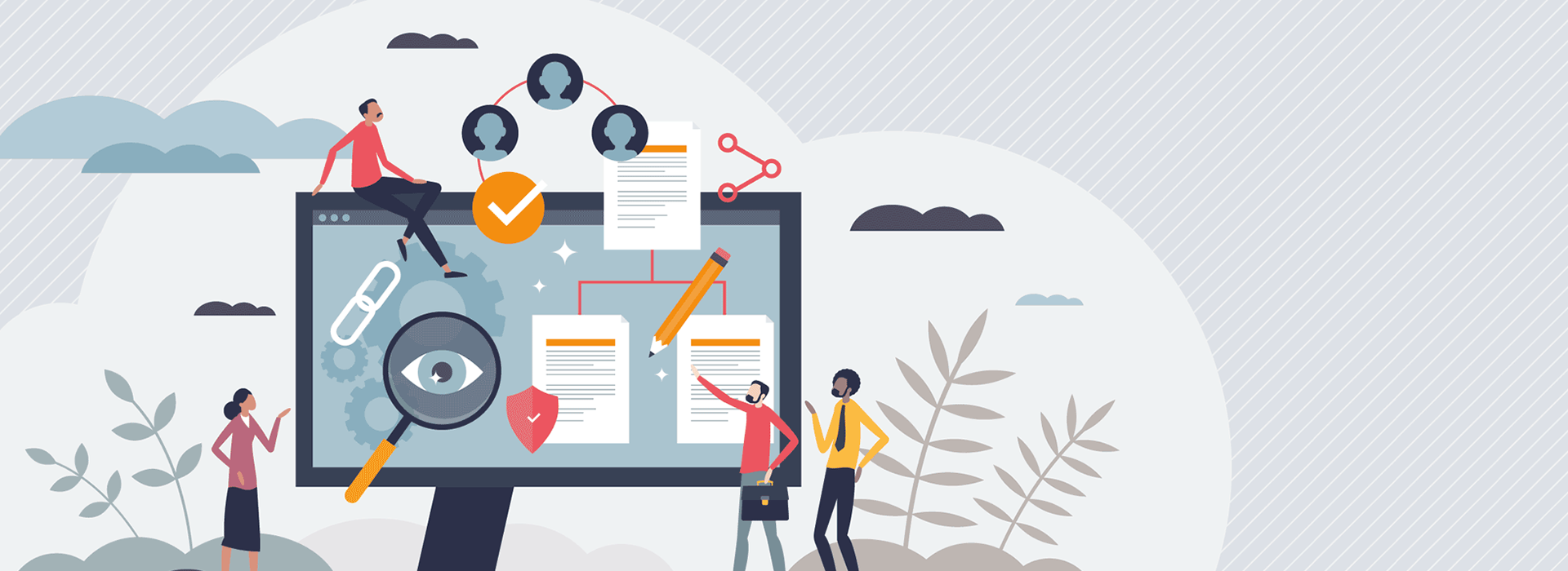 Illustration zeigt Teams bei der digitalen Dokumentenverwaltung an einem großen Monitor mit Netzwerkstruktur